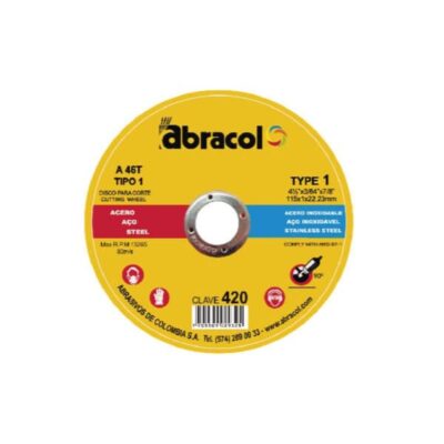 DISCO ABRACOL AMARILLO CORTE METAL 4 1/2 (DT1 115X1,0X22,23MM) (TIPO 420) (ABD2A0046049)