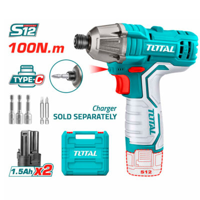 ATORNILLADOR DE IMPACTO INALAMBRICO 1/4 12V 100NM INCLUYE 2 BATERIAS, 2 PUNTA TALADRO Y 3 COPAS CAJA PLASTICA SUPER TOTAL (TIRLI12015)