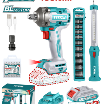 PISTOLA IMPACTO INALAMBRICA 1/2 20V 400 NM INCLUYE 2 BATERIAS 1 CARGADOR 1 LAMPARA DE TRABAJO 1 ADAPTADOR , COPAS Y 10 PUNTAS TALADRO SUPER TOTAL (UTOSLI23048)