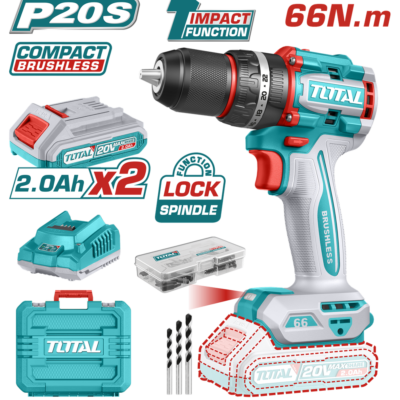 TALADRO INALAMBRICO PERCUTOR 1/2″ 66N.M 20V CAJA PLASTICA INCLUYE 2 BATERIAS 20V, 1 CARGADOR Y ACCESORIOS INDUSTRIAL SUPER TOTAL (UTIDLI20668)