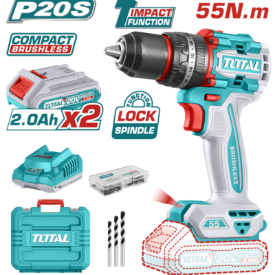 TALADRO INALAMBRICO PERCUTOR 1/2 20V 55 N.M INCLUYE 2 BATERIA DE 2.0AH, CARGADOR,47 ACCESORIOS,3 BROCAS CONCRETO INDUSTRIAL SUPER TOTAL (UTIDLI20558)