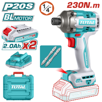 ATORNILLADOR DE IMPACTO INALAMBRICO 1/4 20V 230NM INCLUYE 2 BATERIAS, 2 PUNTA TALADRO INDUSTRIA SUPER TOTAL (UTIRLI2023)