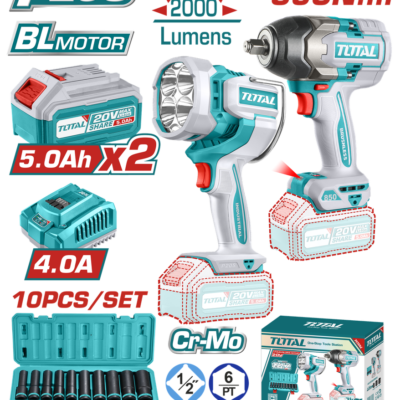 COMBO INALAMBRICO 20V PISTOLA IMPACTO INALAMBRICA 1/2 850 NM + LAMPARA DE TRABAJO INALAMBRICA 2000 LUMENES + JUEGO DE COPA ( 10-24MM) INCLUYE 2 BATERIAS 5.0 AH, CARGADOR Y SUPER TOTAL ( UTOSLI241181)