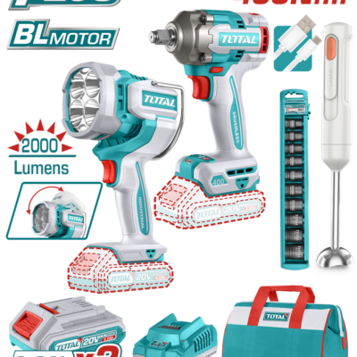 COMBO INALAMBRICO 20V PISTOLA IMPACTO INALAMBRICA 1/2 400NM + LAMPARA DE TRABAJO INALAMBRICA 2000 LUMENES + BATIDORA RECARGABLE INCLUYE 2 BATERIAS 2.0 AH, CARGADOR Y COPAS INDUSTRIAL SUPER TOTAL ( UTOSLI240961)