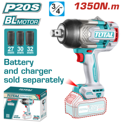 PISTOLA IMPACTO INALAMBRICA 3/4 20V 1350NM INCLUYE 3 COPAS 27,30,32 MM, CARGADOR Y BATERIA SE VENDEN POR SEPARADO INDUSTRIAL SUPER TOTAL (TIWLI201351)