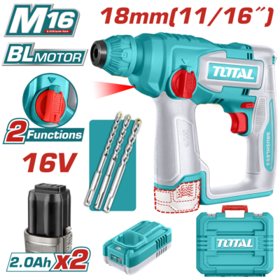 TALADRO INALAMBRICO ROTOMARTILLO SDS PLUS 11/16″ 16V + 3 BROCAS INCLUYE 2 BATERIAS (2.0AH) Y 1 CARGADOR INDUSTRIAL SUPER TOTAL (UTRHLI16168)