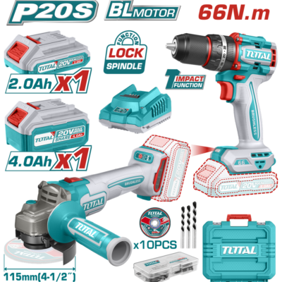 COMBO INALAMBRICO TALADRO 1/2″ 20V 66NM + PULIDORA 4 1/2″ INCLUYE 1 BATERIA 20V(2.0AH), 1 BATERIA 20V(4.0AH),CARGADOR 20V, 10 DISCOS DE CORTE Y ACCESORIOS TOTAL (UTCKLI20273)