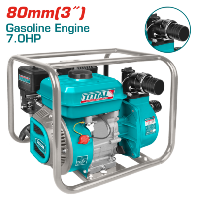 MOTOBOMBA A GASOLINA 7.0HP, SALIDA 80MM(3″) FLUJO MAX 1000L/MIN, MAXIMO ELEVACION 32M , MAXIMO DE SUCCION 8M, DESPLAZAMIENTO 208CC CAPACIDAD TANQUE 3.6L INDUSTRIAL SUPER TOTAL (TP3302)