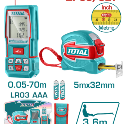 KIT DE MEDIDOR DE DISTANCIAS LASER 60MTS + METRO 5 MTS HOJA 32MM INDUSTRIAL SUPER TOTAL (TLDD241201)