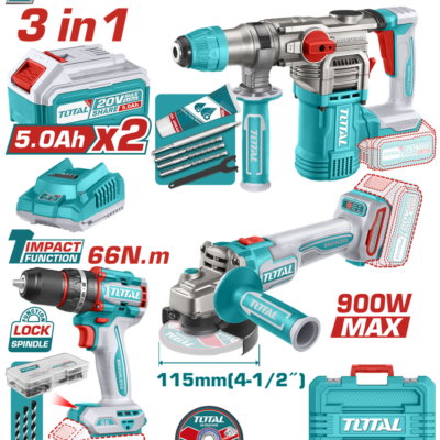 COMBO INALAMBRICO 20V X 3 PZS TALADRO ATORNILLADOR INALAMBRICO 1/2 66 NM + PULIDORA INALAMBRICA 4 1/2 + TALADRO ROTOMARTILLO SDS PLUS 4.5 JULES INLCUYE 2 BATERIAS 5.0AH , 1 CARGADOR , 10 DISCOS DE CORTE Y 47 ACCESORIOS INDUSTRIAL SUPER TOTAL (UTOSLI241183)