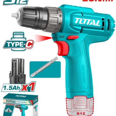 TALADRO INALAMBRICO 1/32/3/8″ 12V 20NM INCLUYE 1 BATERIA 1.5AH, 1 PUNTA DESTORNILLADOR CARGA TIPO C SUPER TOTAL(TDLI12456)