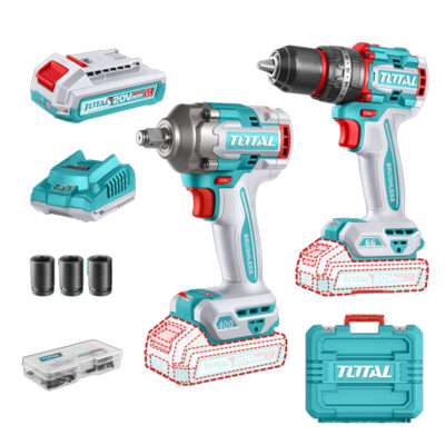 COMBO INALAMBRICO TALADRO 1/2″ 66 N.M + PISTOLA IMPACTO 1/2″ 20V 400 N.M INCLUYE 2 BATERIAS 2.0AH , 1 CARGADOR Y ACCESORIOS SUPER TOTAL (UTCKLI20275)