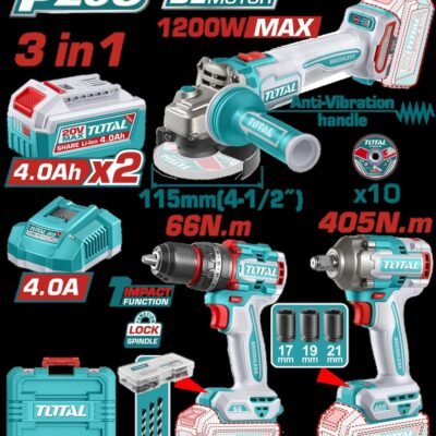 COMBO INALAMBRICO 20V PISTOLA IMPACTO INALAMBRICA 1/2″ 405NM + TALADRO DE IMPACTO 1/2″ 66NM + PULIDORA 4 1/2″ 1200W + 2 BATERIAS 4.0AH + CARGADOR INCLUYE ACCESORIOS INDUSTRIAL SUPER TOTAL (UTCKLI20358)