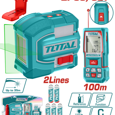 KIT NIVEL LASER 0-35M LUZ VERDE 2 LINEAS + MEDIDOR DE DISTANCIA 100M INDUSTRIAL SUPER TOTAL (TOSLL0502)